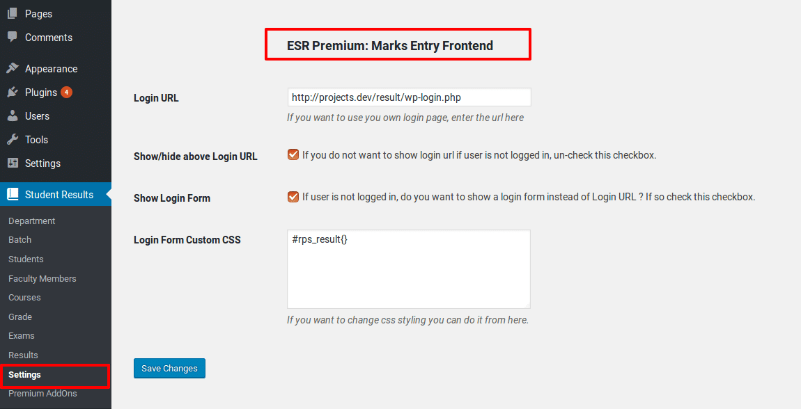 Marks Entry Frontend - Settings